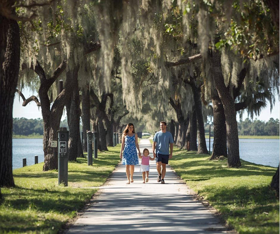 Young family walking along the St John's riverfront park in Palatka Florida