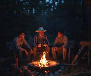 Palatka old-timer sharing tales from the past to young men while sitting around a campfire.